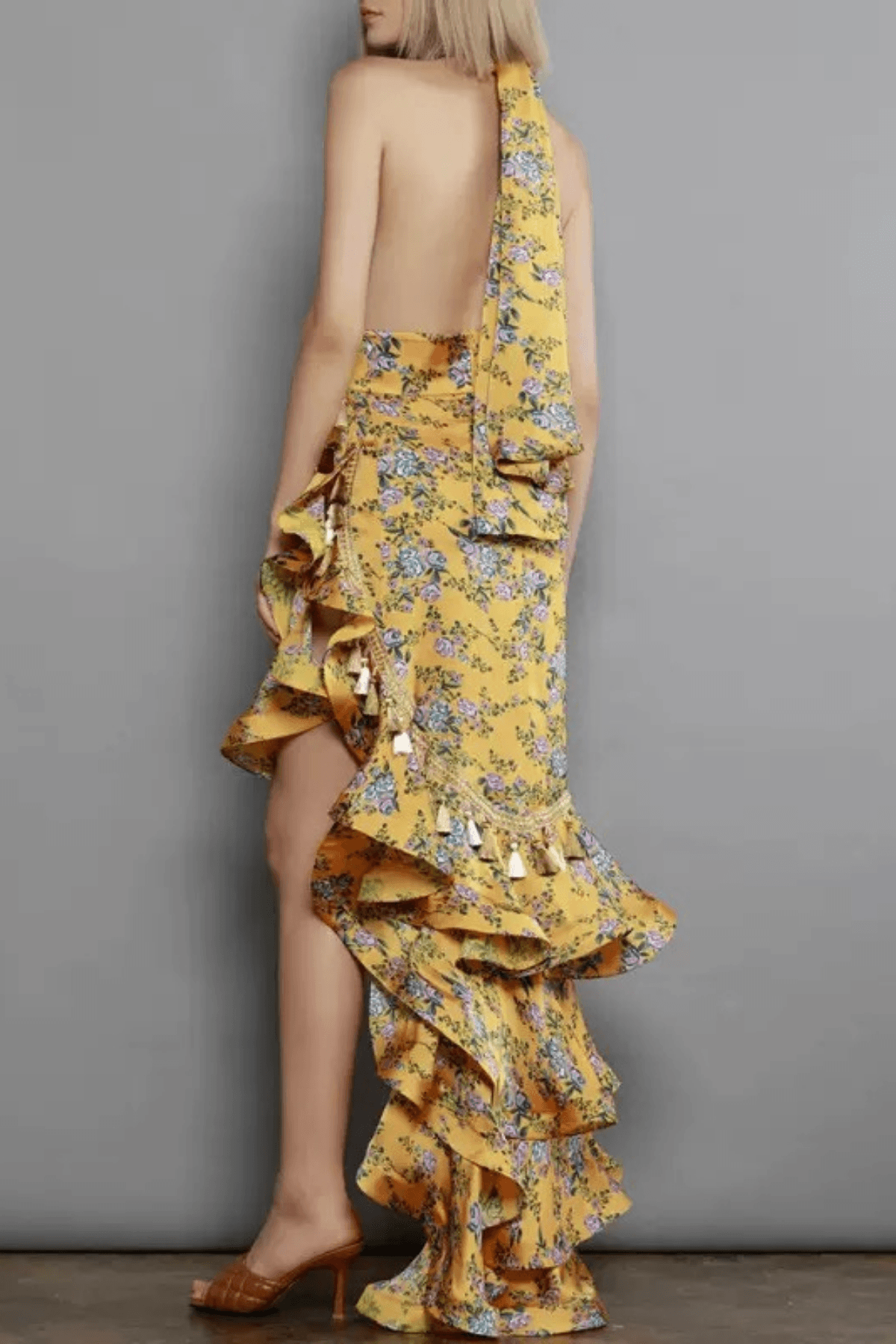 Yellow Floral Halter Neck Ruffle Maxi Dress