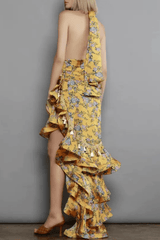 Yellow Floral Halter Neck Ruffle Maxi Dress