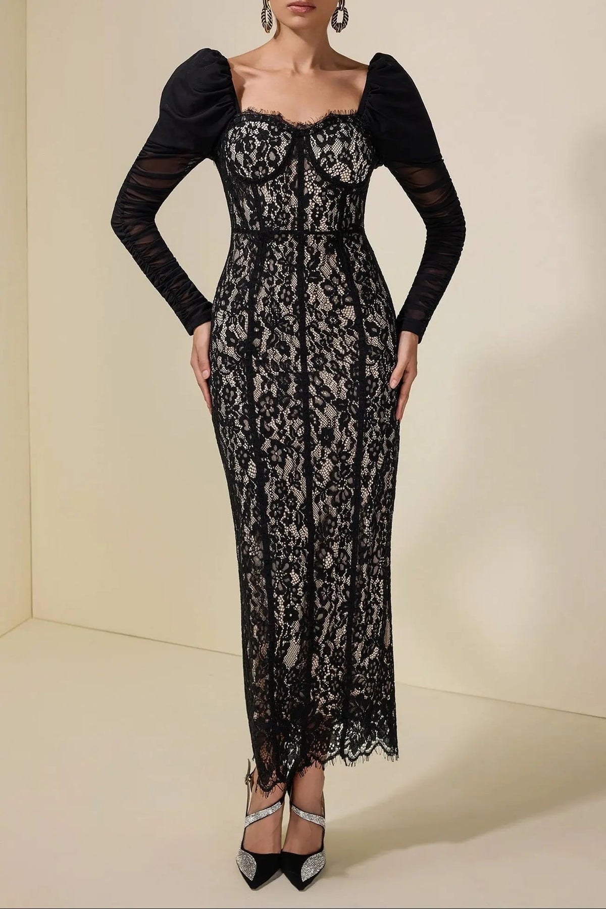 Lace Splicing Mesh Puff Sleeve Midi Dress in black