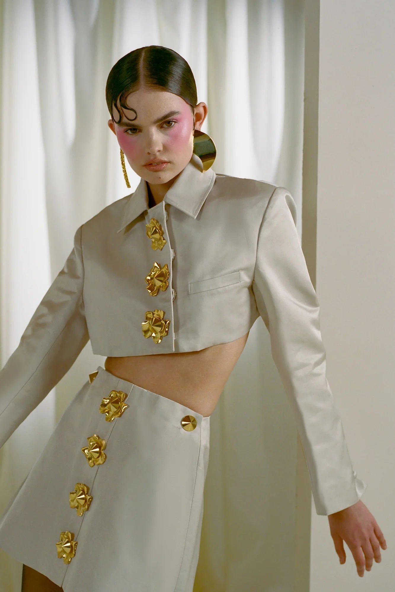 Metal Buttoned Blazer Skirt Set in Beige