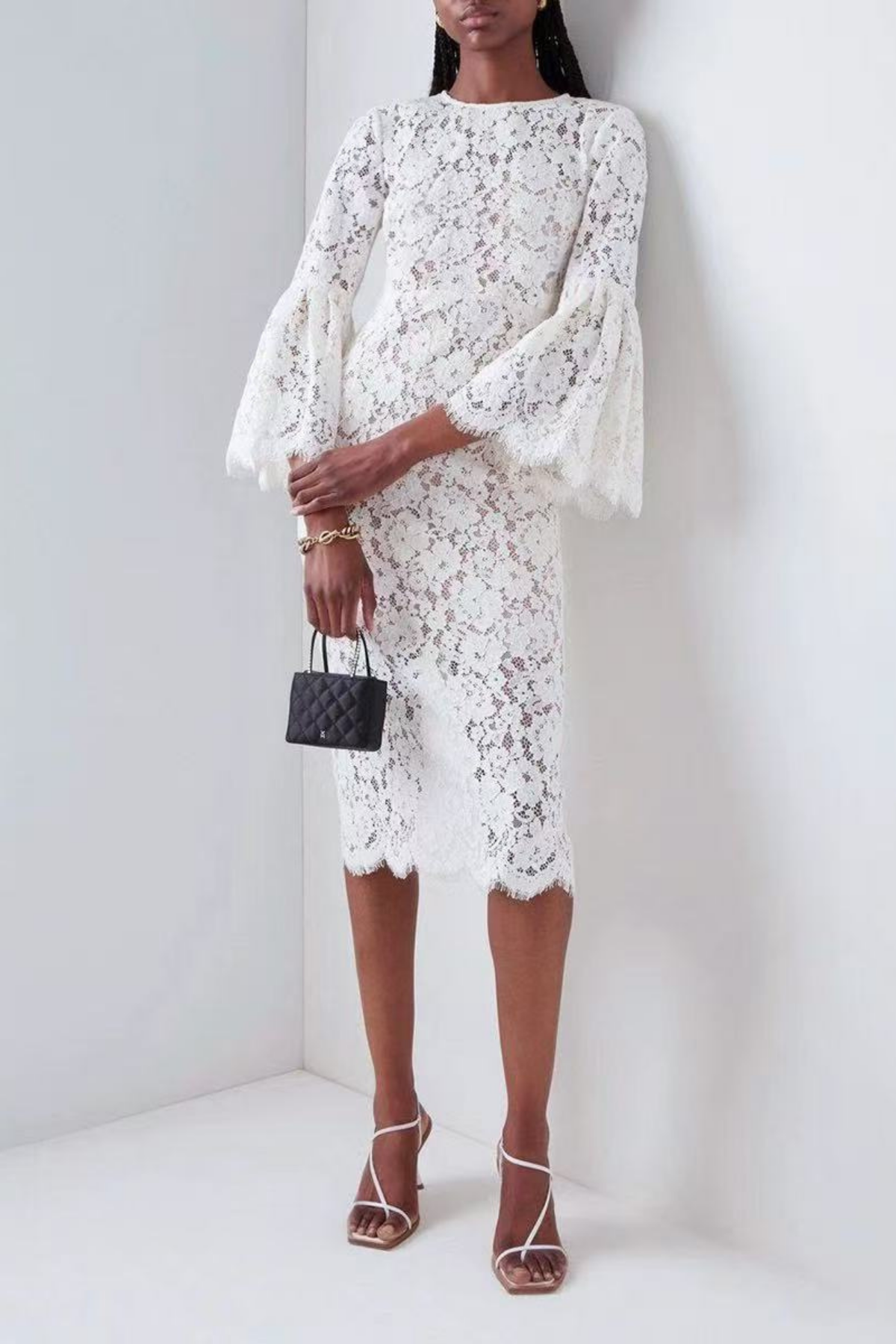 White Lace Midi Dress with Flare Sleeves