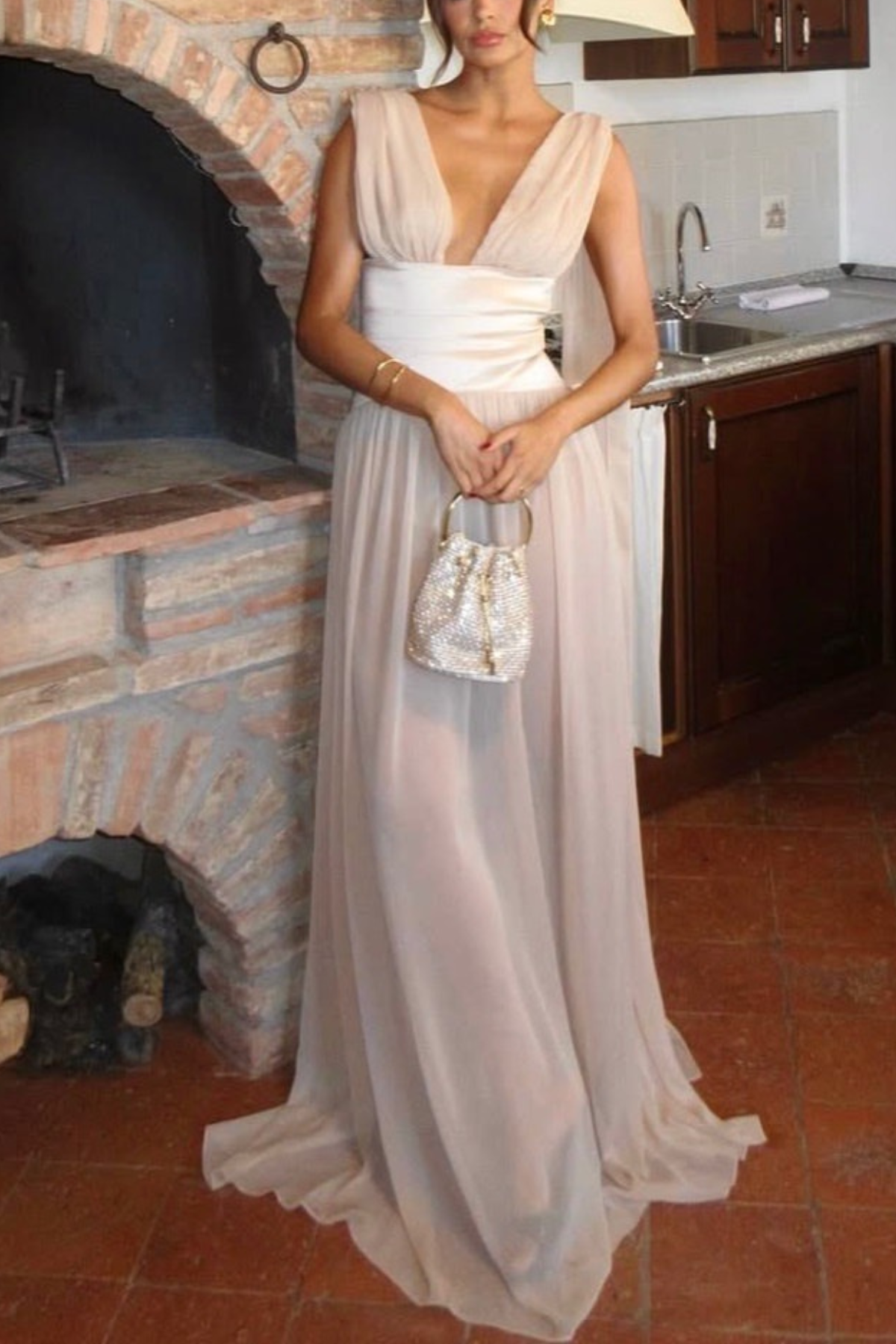 Sleeveless Deep V Satin Waist Flowy Maxi Dress