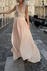 Sleeveless Deep V Satin Waist Flowy Maxi Dress