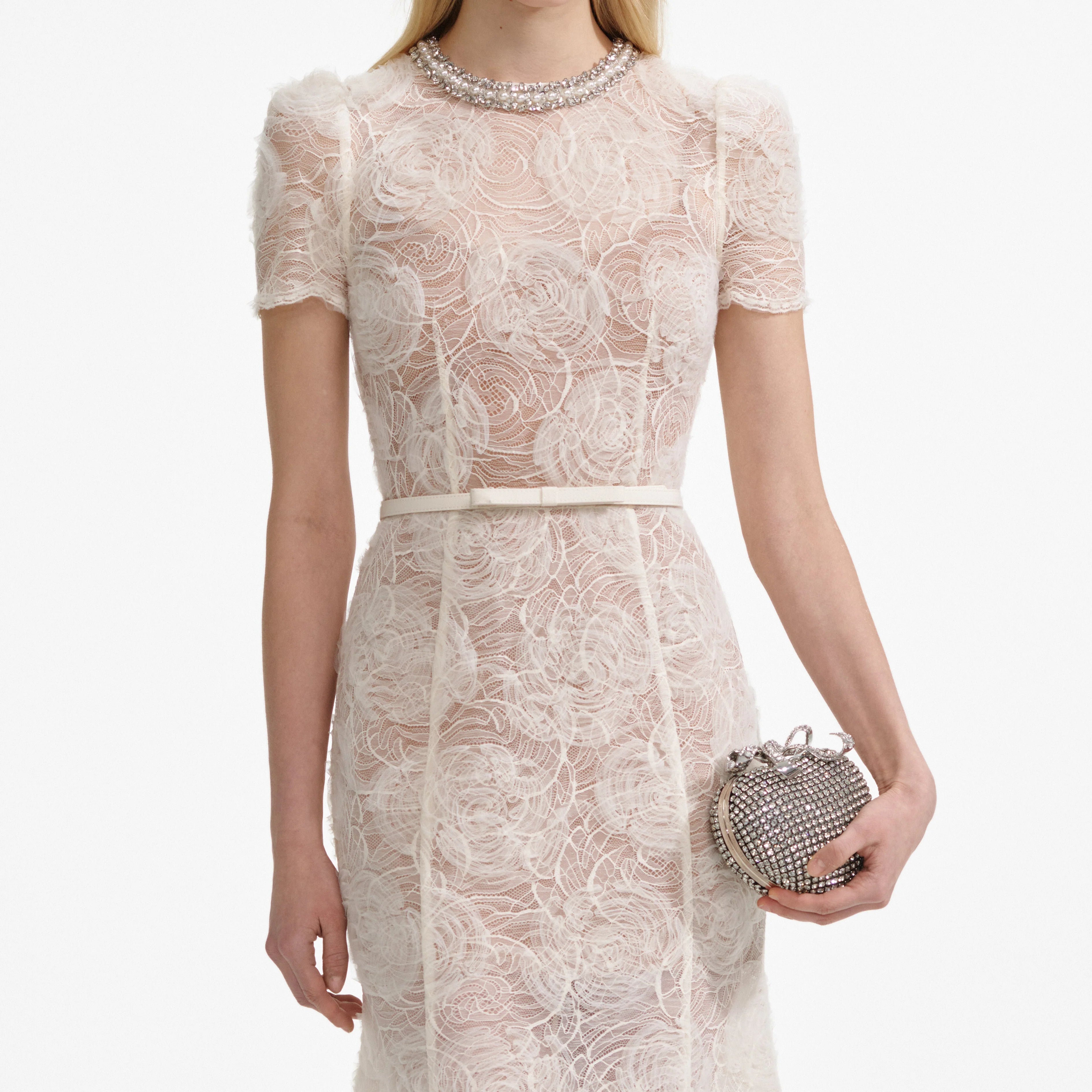 Lace Diamante Midi Dress in Beige