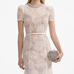 Lace Diamante Midi Dress in Beige