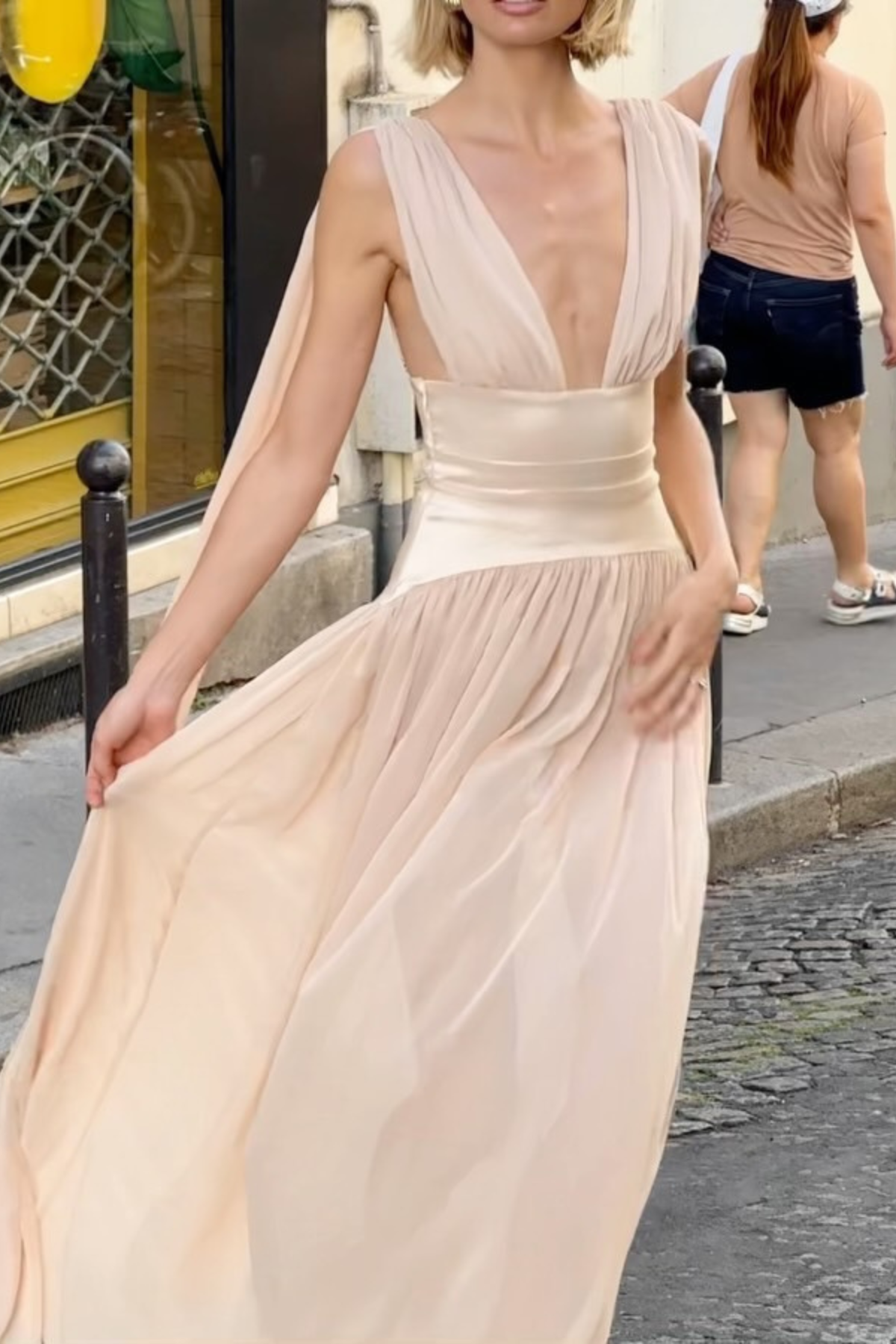Sleeveless Deep V Satin Waist Flowy Maxi Dress