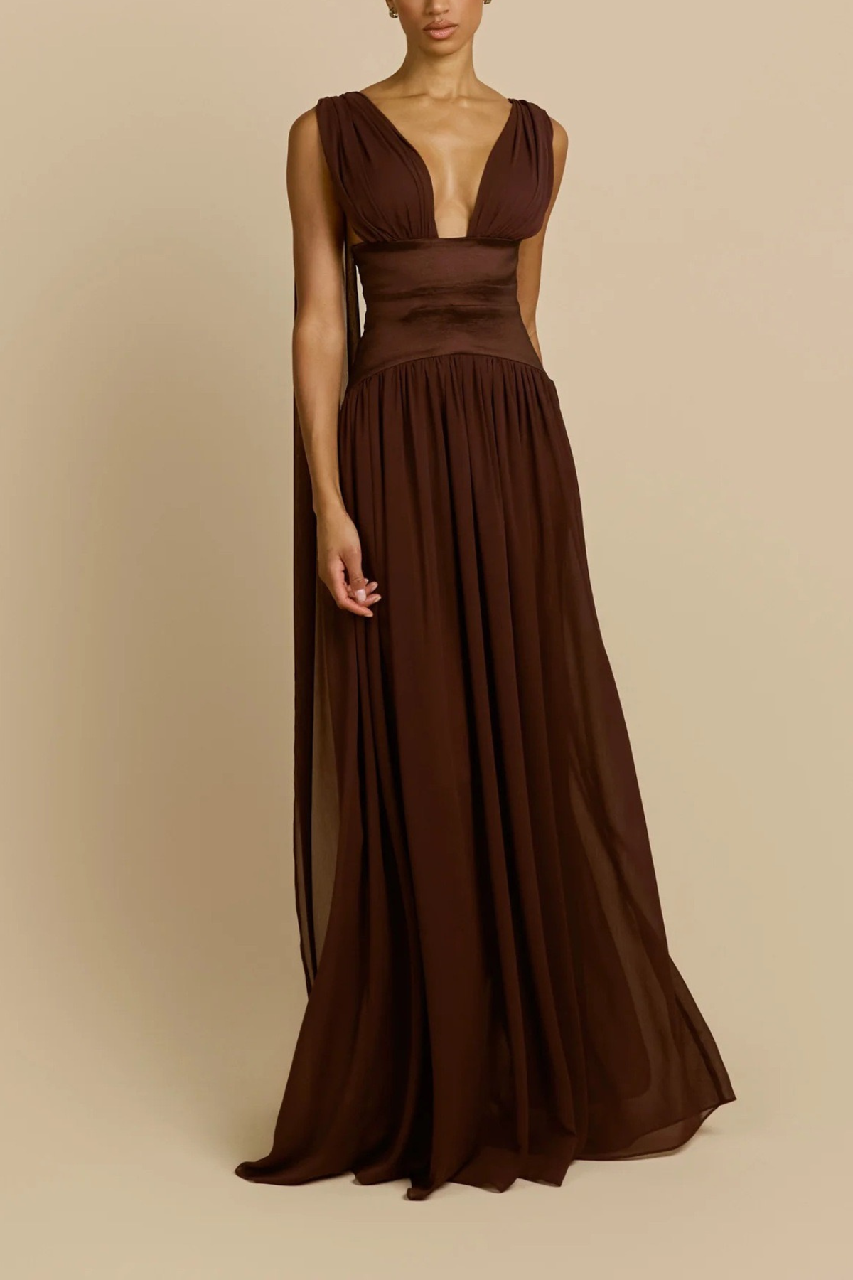 Sleeveless Deep V Satin Waist Flowy Maxi Dress