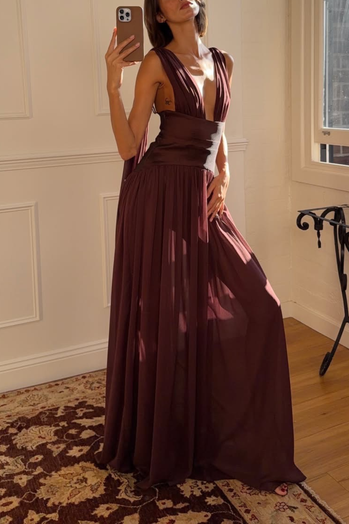 Sleeveless Deep V Satin Waist Flowy Maxi Dress