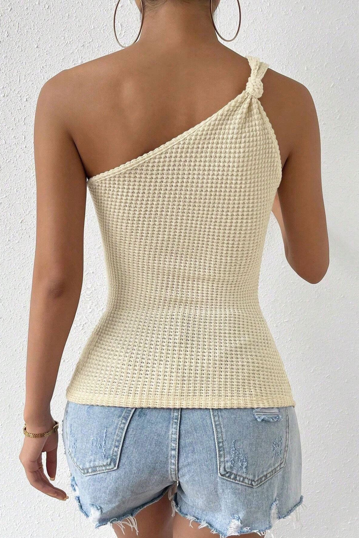 Cream Waffle Textured One Shoulder Slim Fit Knit Cami Top