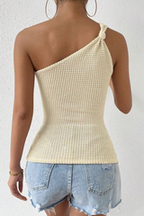 Cream Waffle Textured One Shoulder Slim Fit Knit Cami Top