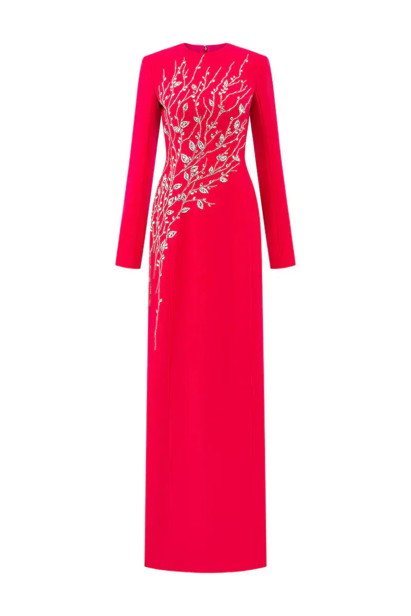 Red Padded Shoulder Crystal Embellished Straight Maxi Dress