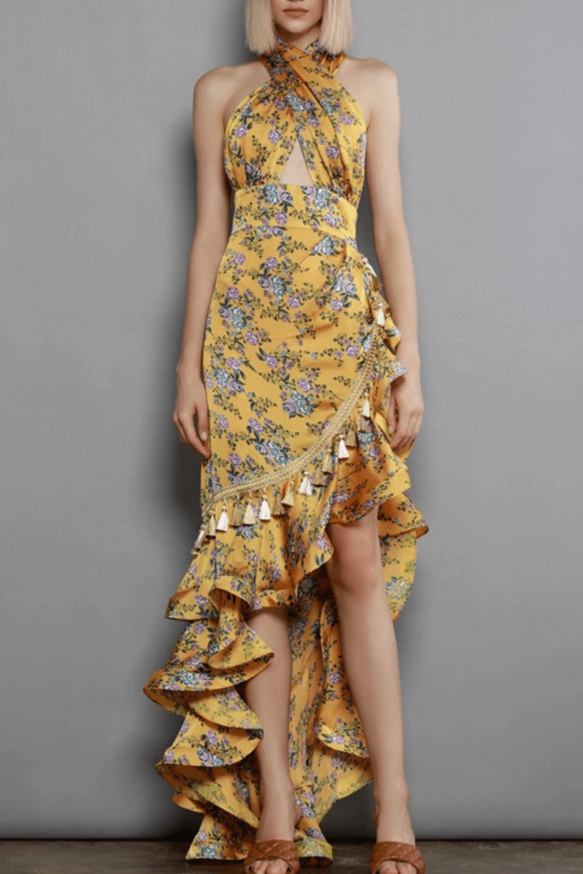 Yellow Floral Halter Neck Ruffle Maxi Dress