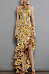 Yellow Floral Halter Neck Ruffle Maxi Dress