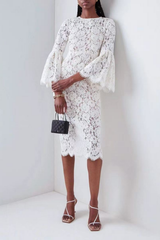 White Lace Midi Dress with Flare Sleeves