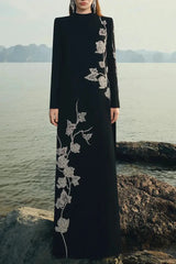 High Neck Crystal Embellished Maxi Dress in Black