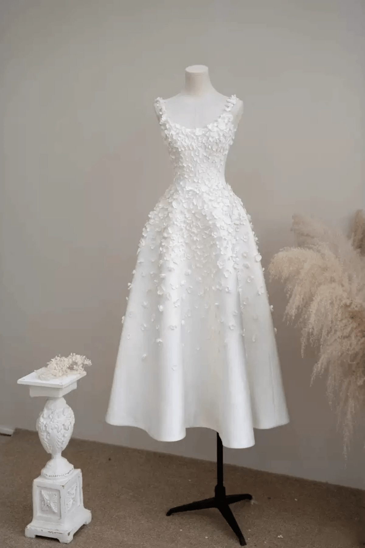 White 3D Floral Sleeveless A-Line Midi Dress