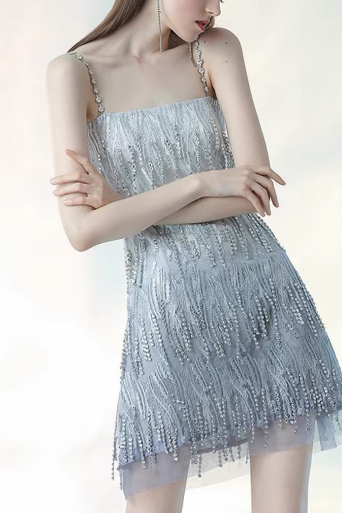 Crystal Bead Fringe Chain Strap Strap Mini Dress