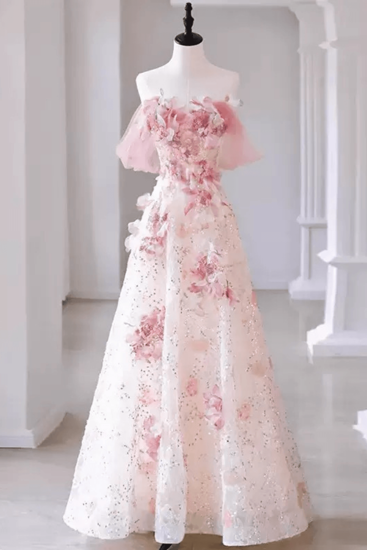 Off Shoulder Pink 3D Floral Dress