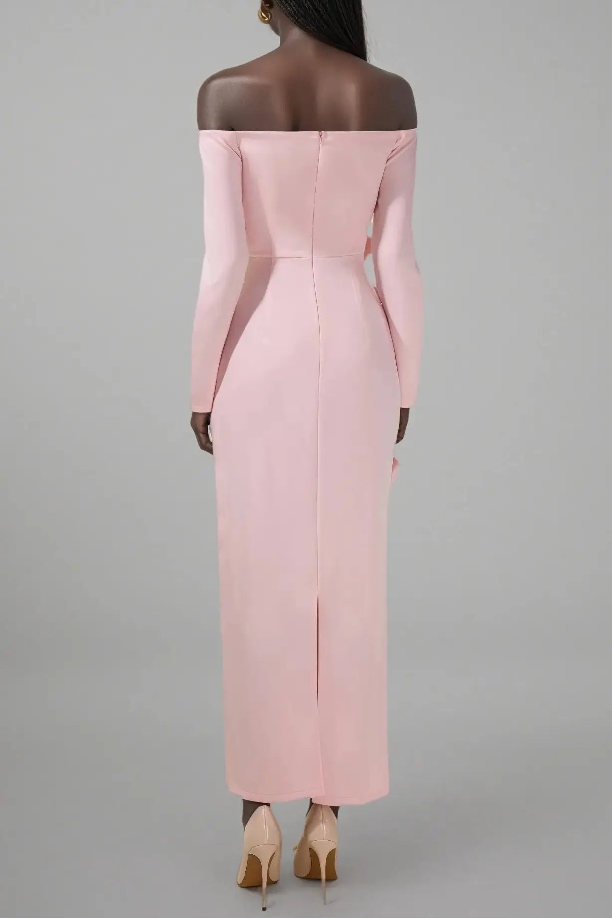 Pink 3D Flower Long Sleeve Midi Dress