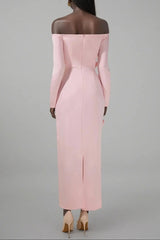 Pink 3D Flower Long Sleeve Midi Dress