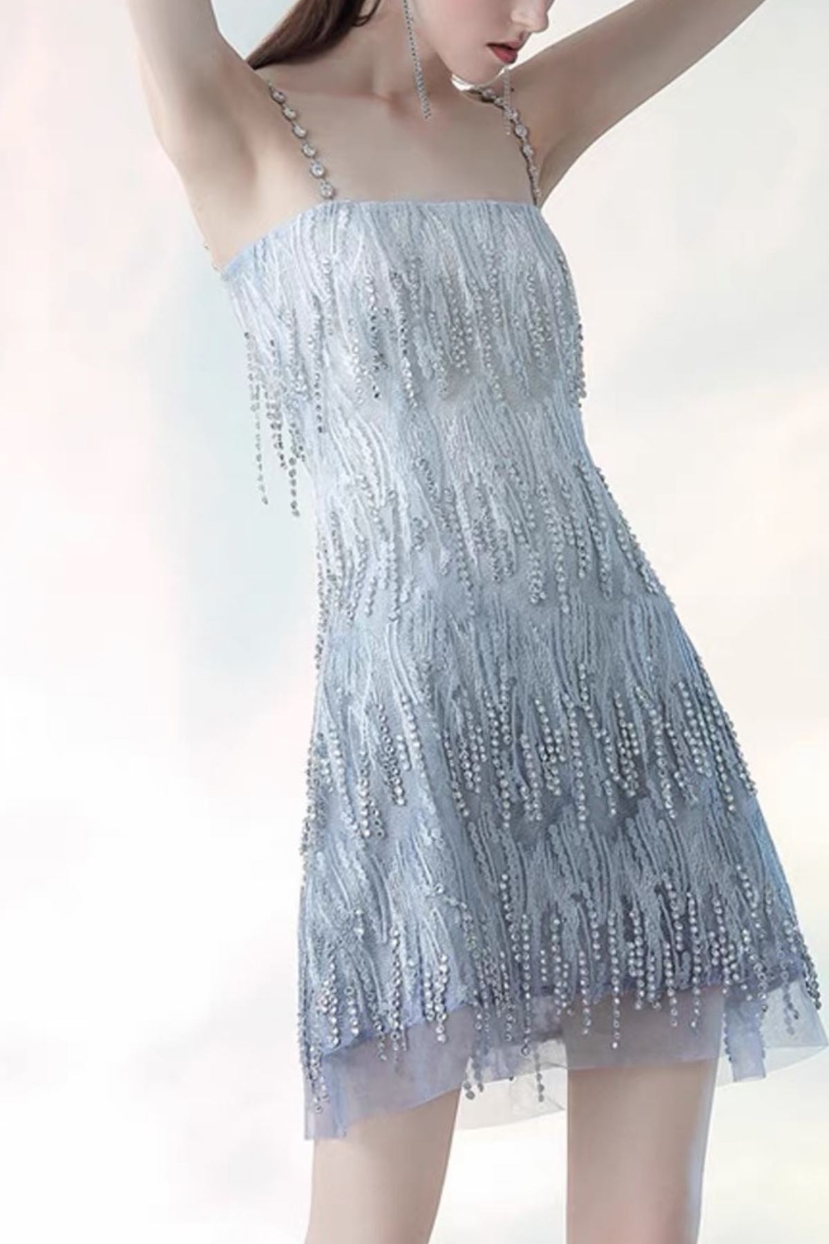 Crystal Bead Fringe Chain Strap Strap Mini Dress