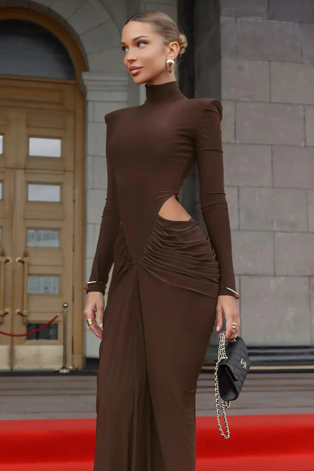 Turtleneck Long Sleeve Cutout Bodycon Gown in Brown