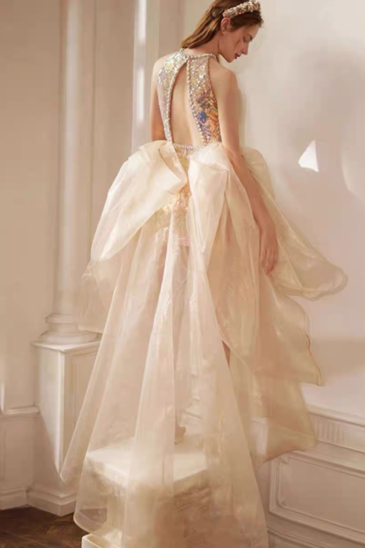 Neck Deep Cut Halter RainSequin Short Gown With Voluminous Train