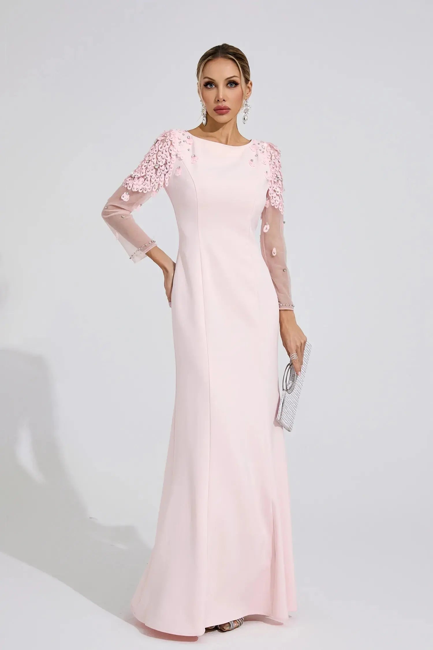 Pink Sequin Mesh Sleeve Maxi Dress
