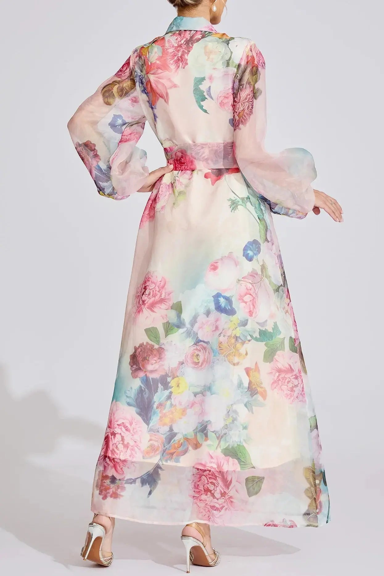 Pink Floral Printed Lantern Sleeve Maxi Dress