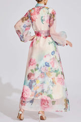 Pink Floral Printed Lantern Sleeve Maxi Dress