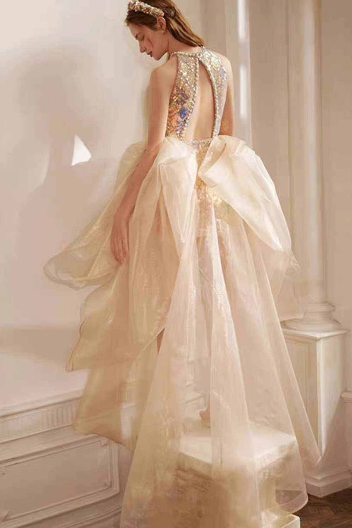 Neck Deep Cut Halter RainSequin Short Gown With Voluminous Train