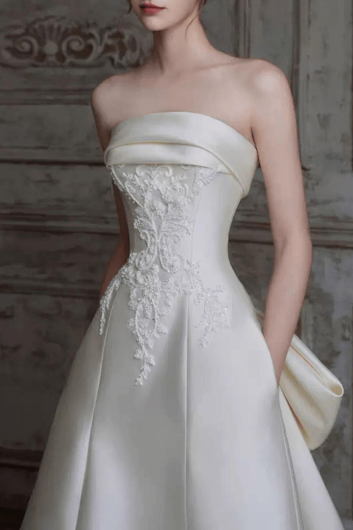 White Satin Lace A-Line Wedding Dress