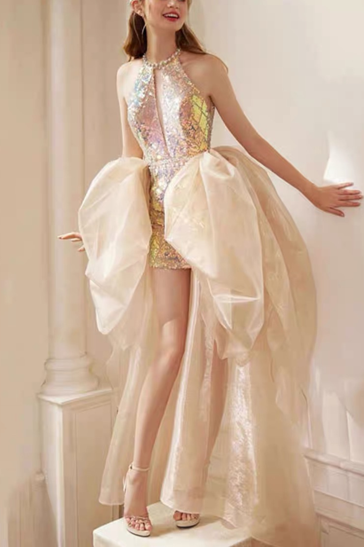 Neck Deep Cut Halter RainSequin Short Gown With Voluminous Train
