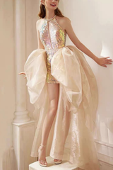 Neck Deep Cut Halter RainSequin Short Gown With Voluminous Train