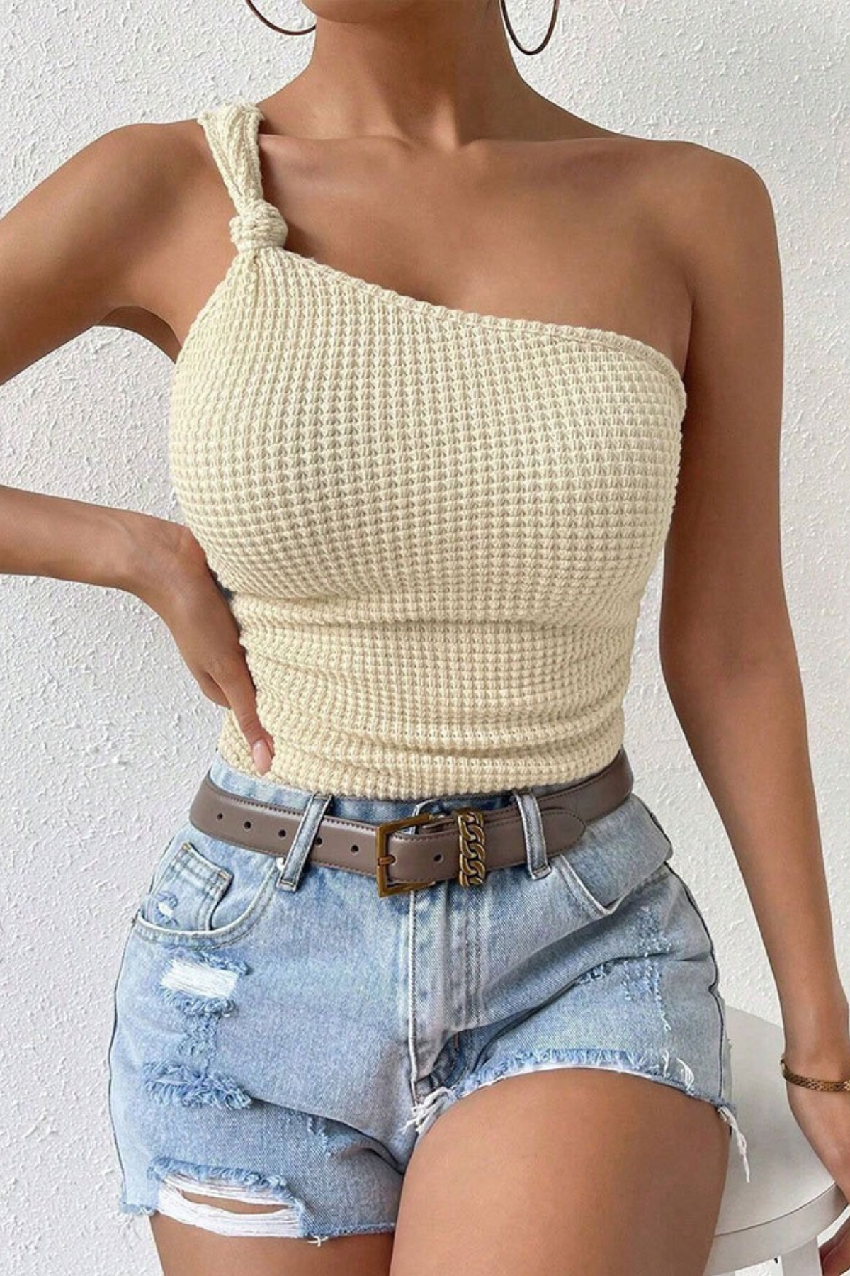 Cream Waffle Textured One Shoulder Slim Fit Knit Cami Top
