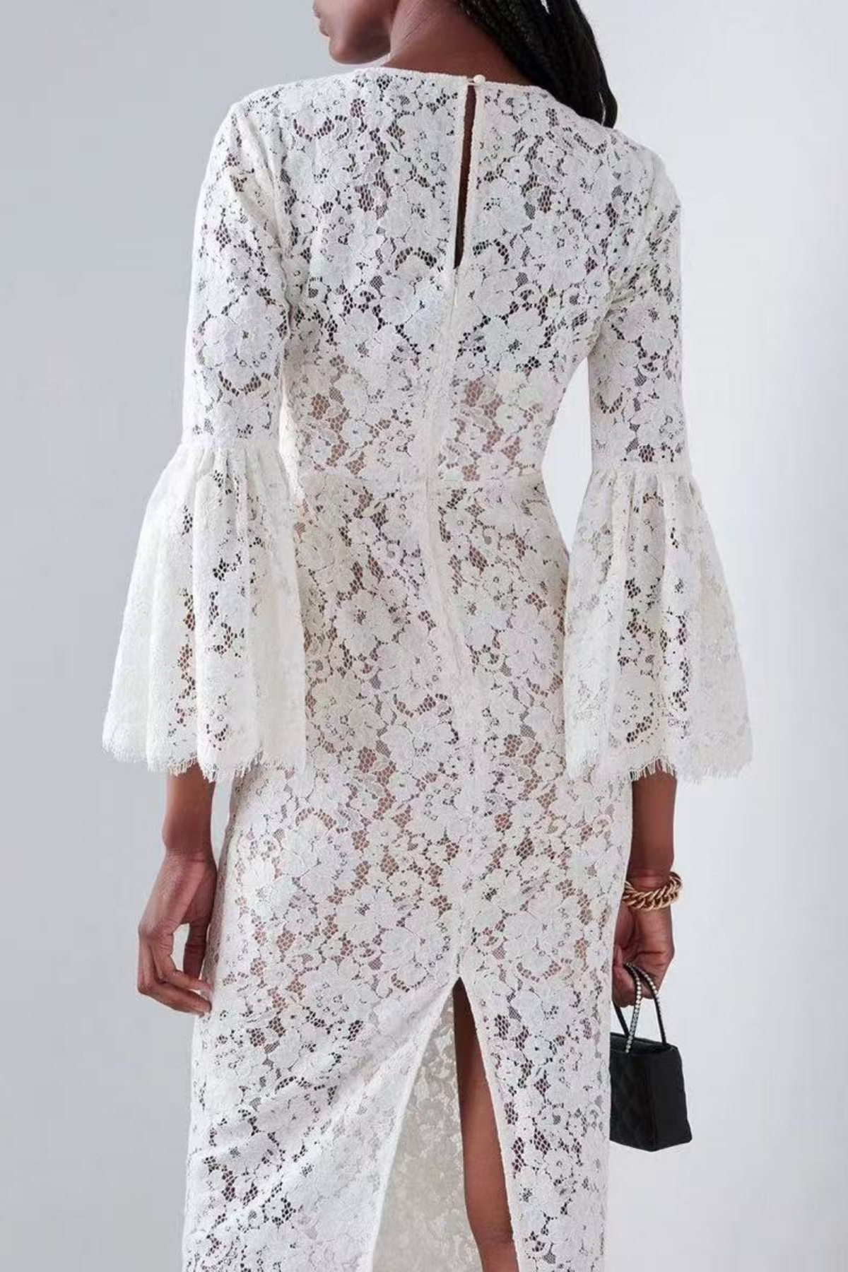 White Lace Midi Dress with Flare Sleeves