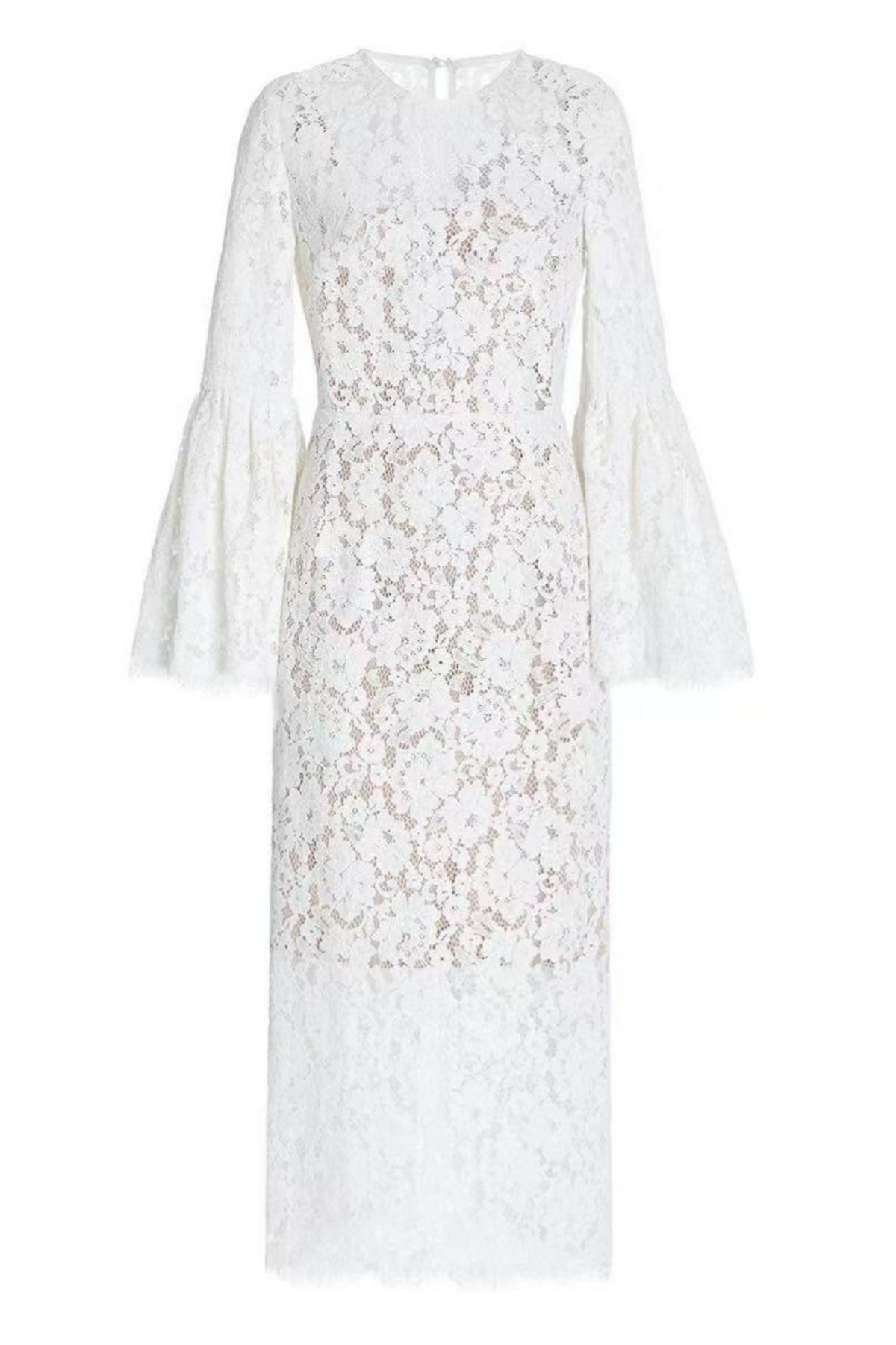 White Lace Midi Dress with Flare Sleeves