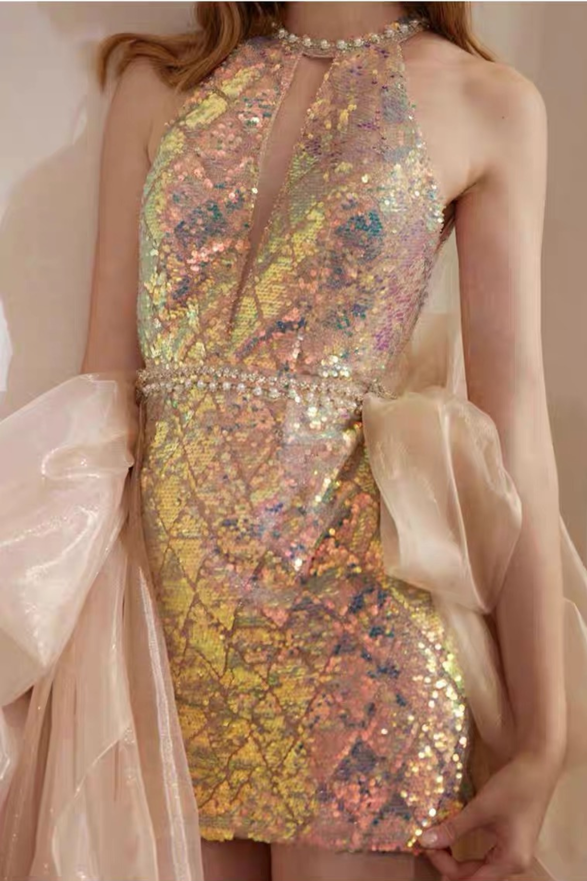 Neck Deep Cut Halter RainSequin Short Gown With Voluminous Train