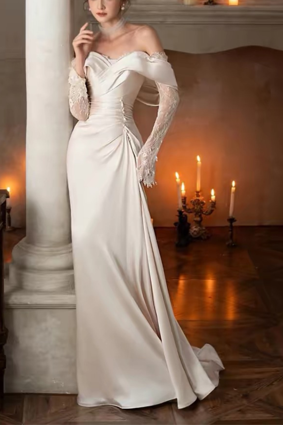 Off Shoulder Lace Long Sleeve Satin Wedding Dress