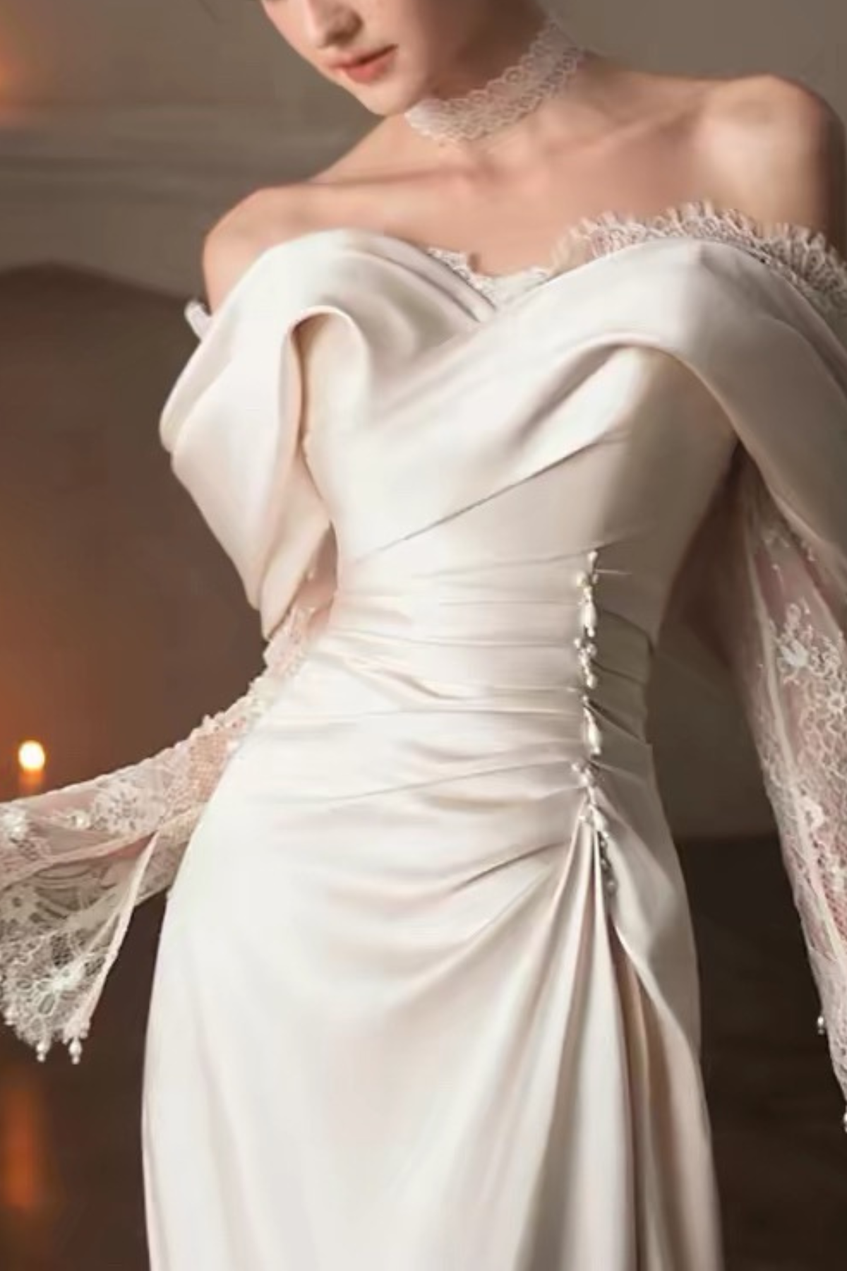 Off Shoulder Lace Long Sleeve Satin Wedding Dress