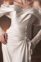 Off Shoulder Lace Long Sleeve Satin Wedding Dress