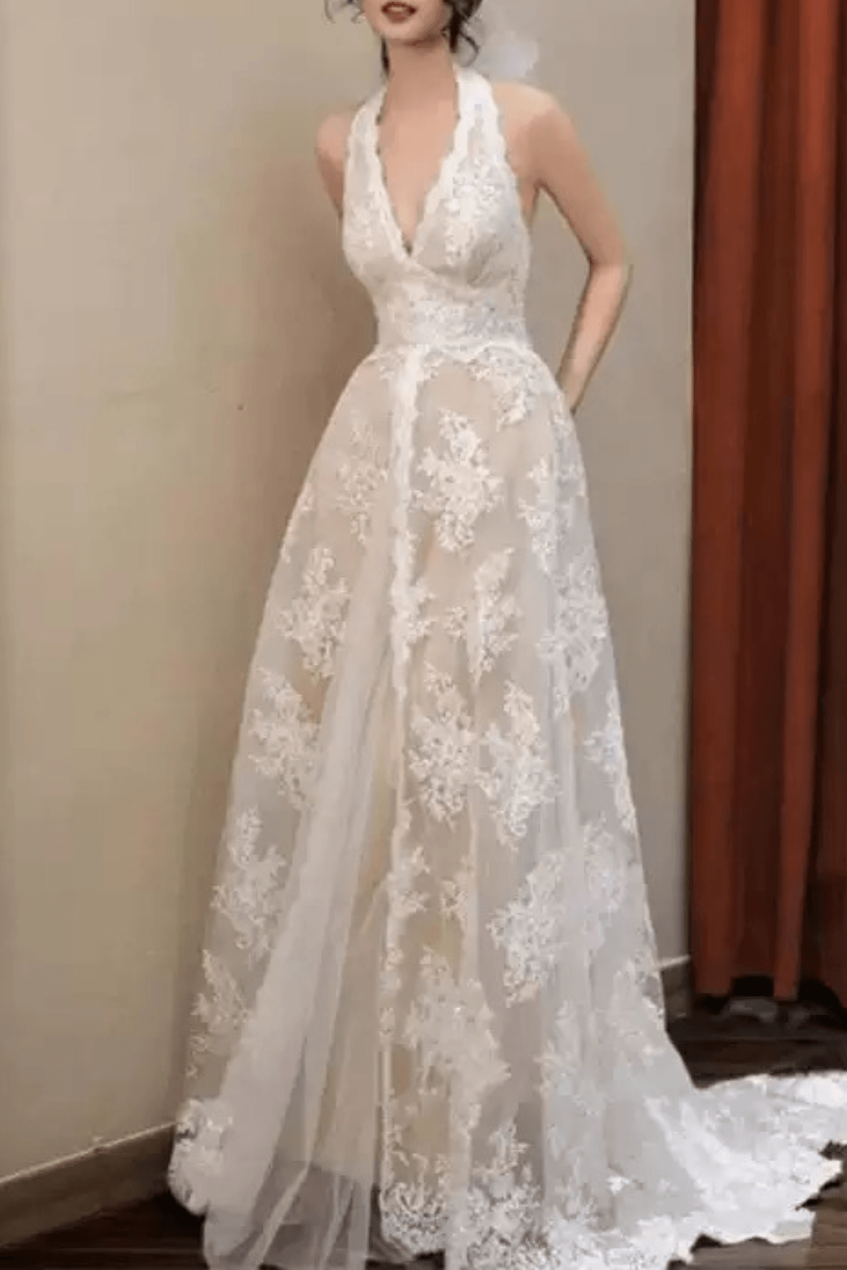 White Lace Halter Deep V A-line Wedding Dress