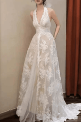 White Lace Halter Deep V A-line Wedding Dress