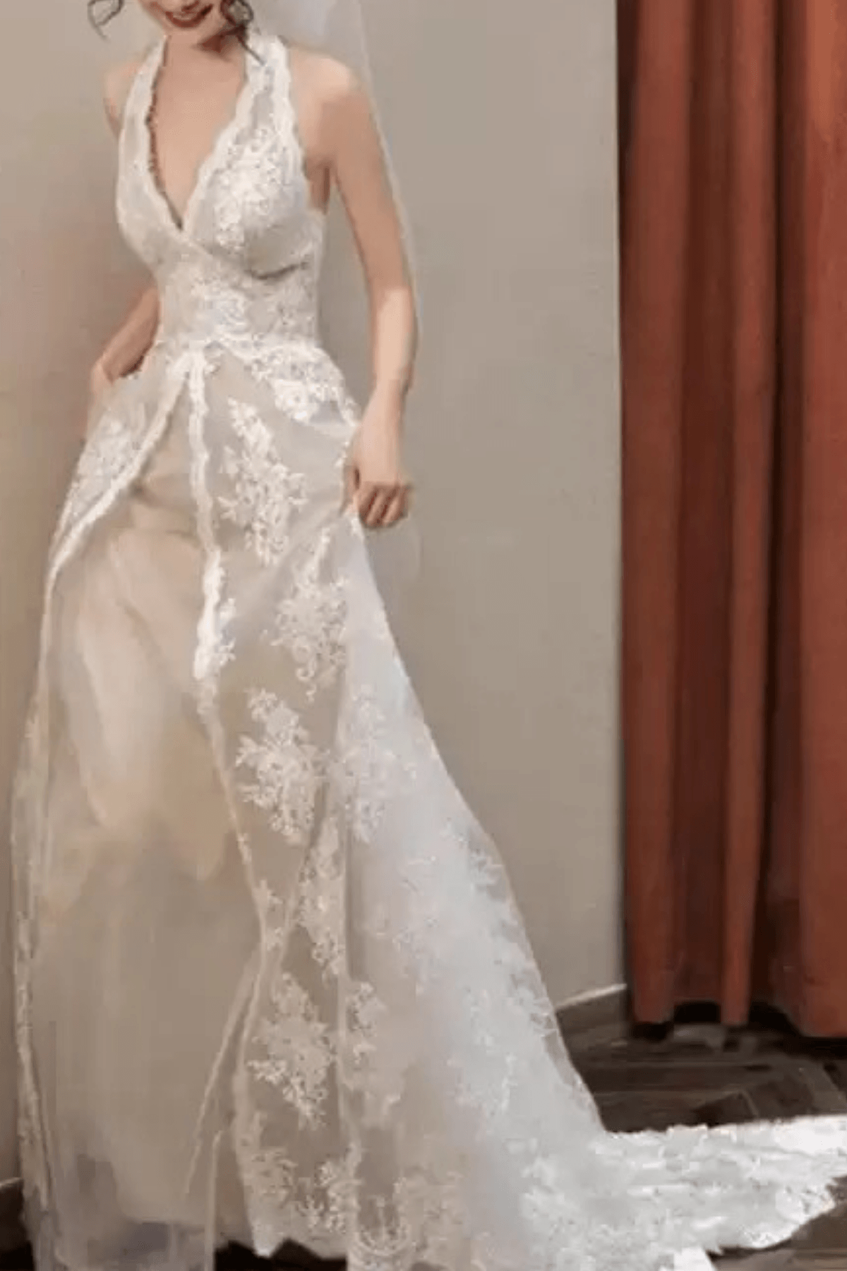 White Lace Halter Deep V A-line Wedding Dress