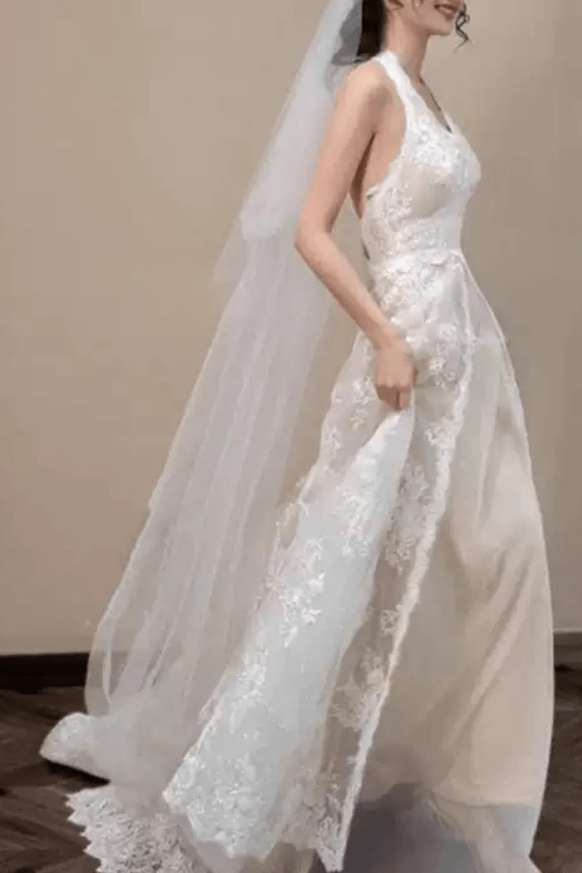 White Lace Halter Deep V A-line Wedding Dress