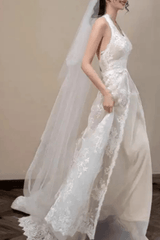 White Lace Halter Deep V A-line Wedding Dress