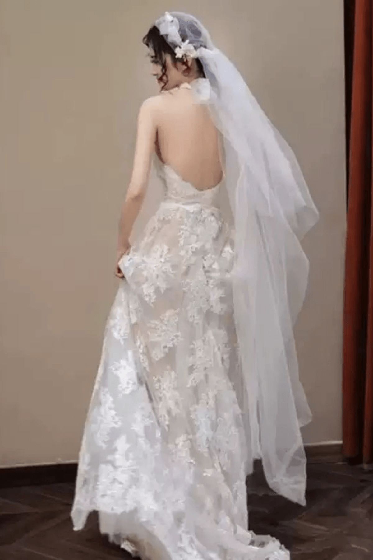 White Lace Halter Deep V A-line Wedding Dress