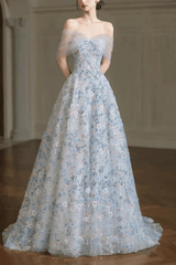 Off Shoulder Light Blue Floral Dress