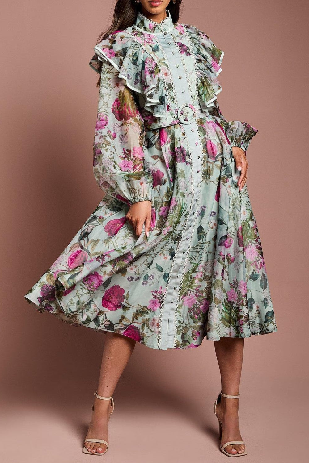 Green Long Sleeve Printed Organza Shirt Midi Dress