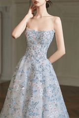 Off Shoulder Light Blue Floral Dress